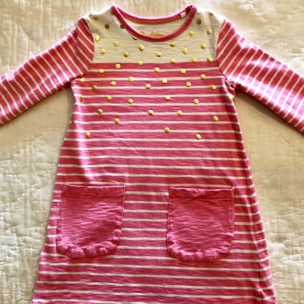 Mini Boden Girls Long-Sleeve Dress, Pink & White Stripe w/ Gold Dots, Li…